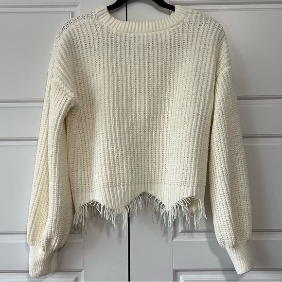 Distressed Fringed Cream Knit Sweater Pullover Balloon Sleeve Fashion Top - Picture 4 of 8